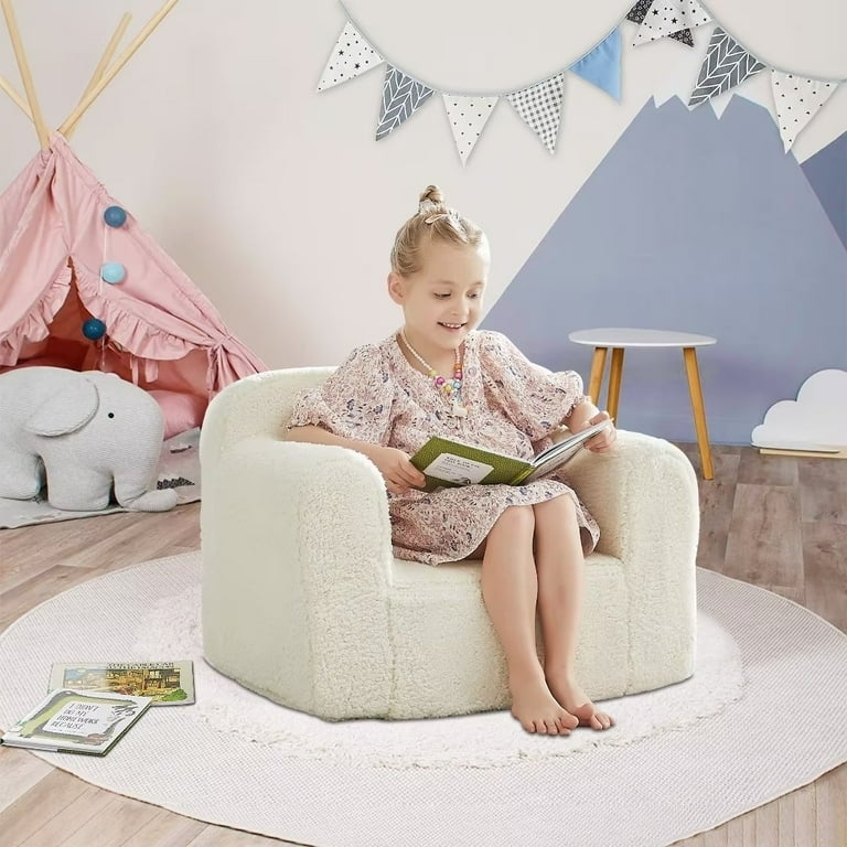 Cozy Sherpa Kids Armchair in Beige with Rounded Back and Low Profile Design