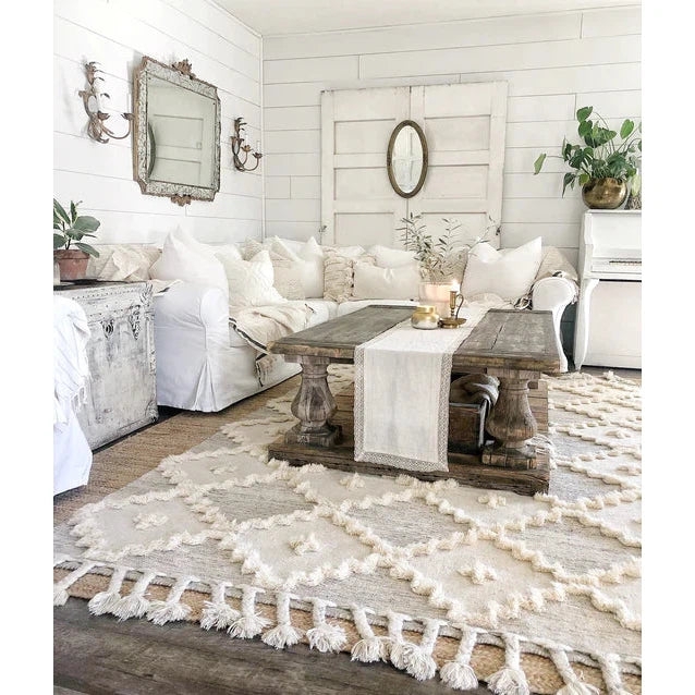 Cream Area Rug Diamond Weave Braided Tassels Flat Pile Scandi