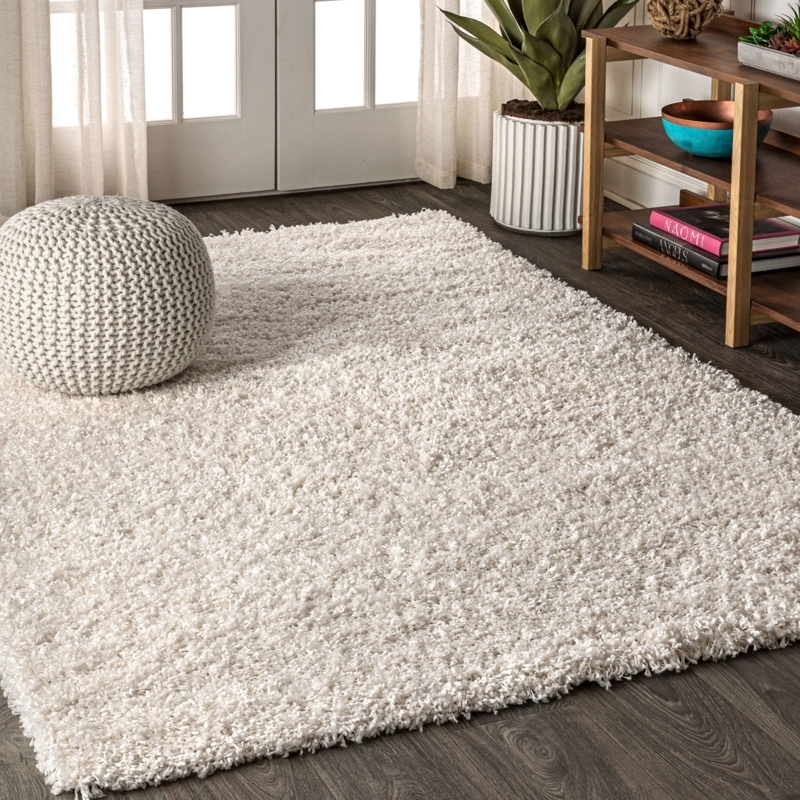Cream Area Rug Mid-Century Modern Lounge Layout Plush Pile
