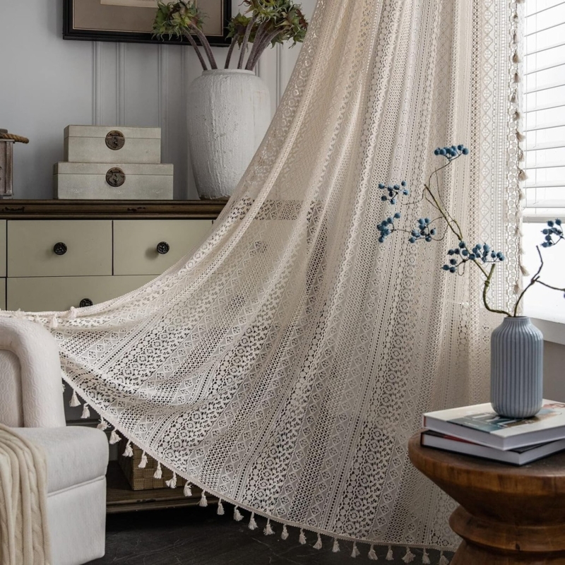 Cream Curtain Panel Crochet Lace Tassel Fringe Geometric Boho Window