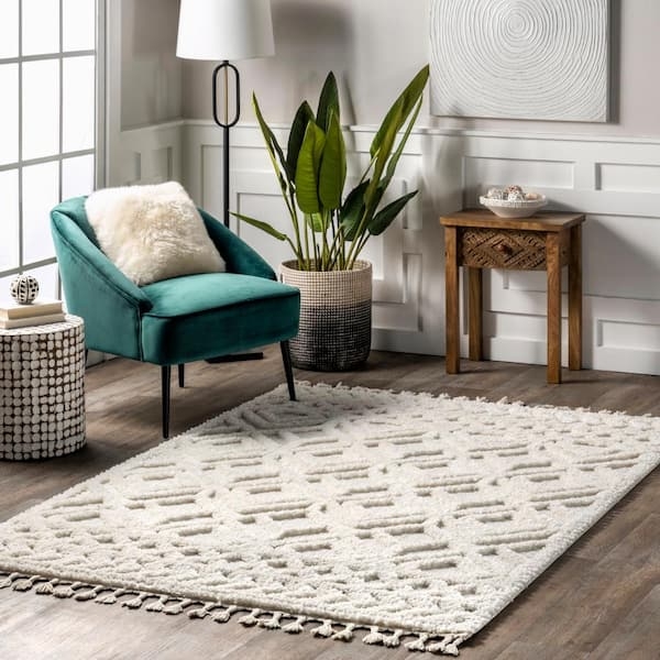 Cream Lattice Area Rug Braided Tassels Transitional Living Room Decor
