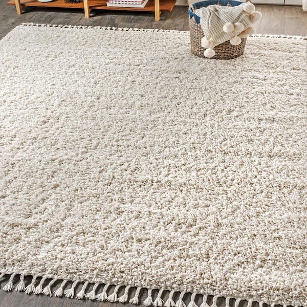 Cream Shag Area Rug Braided Tassels Fringe Trim Boho Chic
