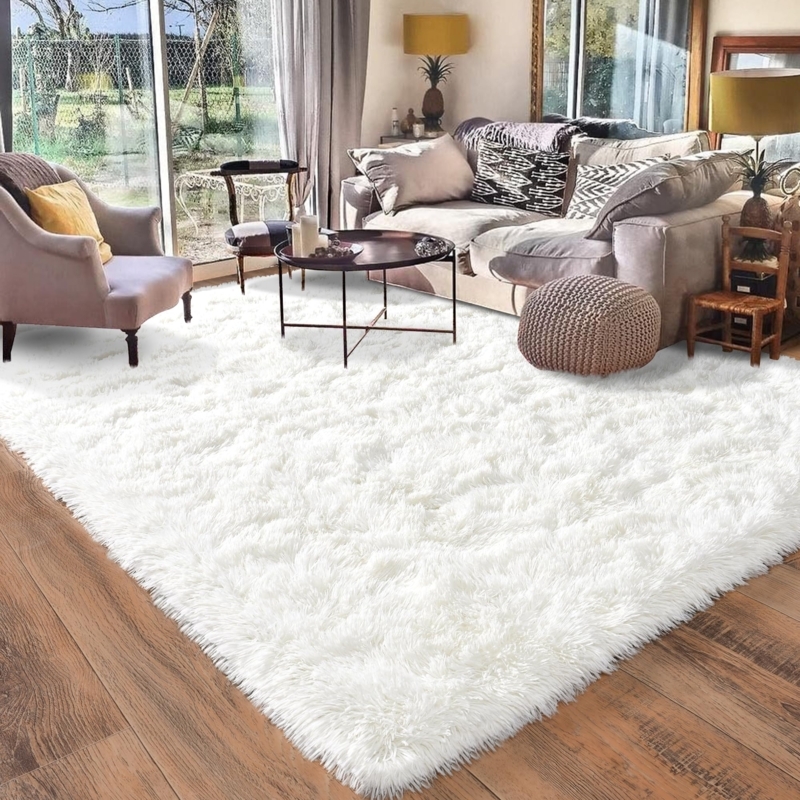 Cream Shag Rug Monochromatic White Interior Design Plush Texture