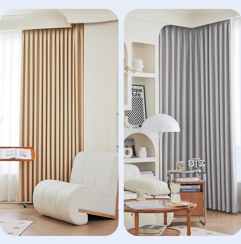 Cream Textured Woven Curtains with Black Hardware and Rings