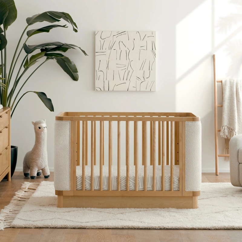 Crib Honey Wood Ivory Boucle Upholstery Scandinavian Modern