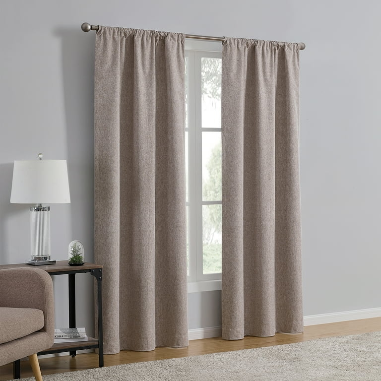 Curtain Pair Brown Linen Look Texture 100% Blackout Rod Pocket