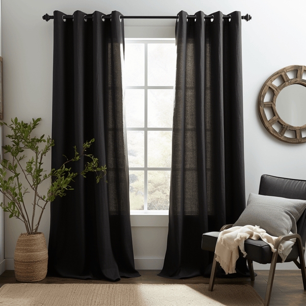 Curtain Panel Black Linen Slub Texture Grommet Matte Header