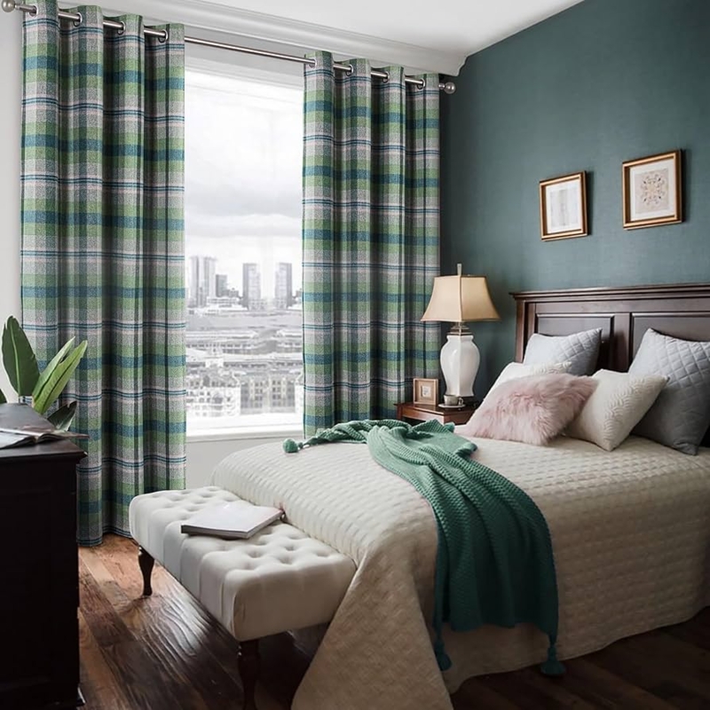Curtain Panel Blackout Lining Forest Green Tartan Grommet Top