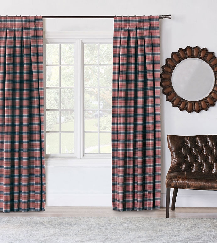 Curtain Panel Blue Beige Plaid Pleated Header Coastal Farmhouse