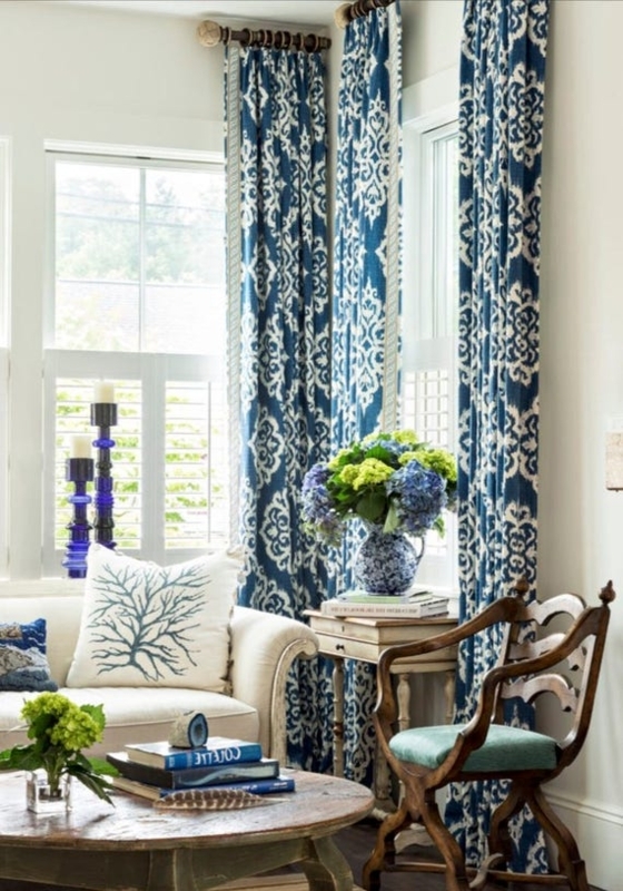Curtain Panel Blue Ikat Print Medium Denim Tone Extra Long Bohemian