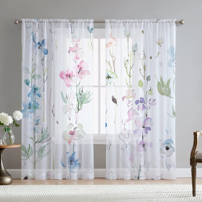 Curtain Panel Chiffon Texture Pastel Pink Light Blue Airy Floral Curtains