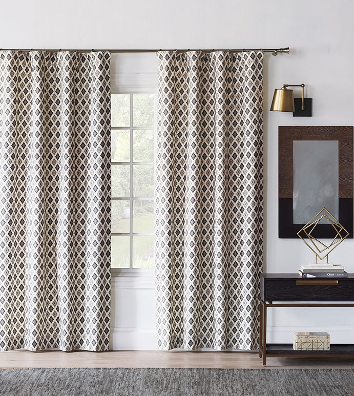 Curtain Panel, Large Scale Geometric Pattern, Navy Cream Contrast, Ring Top