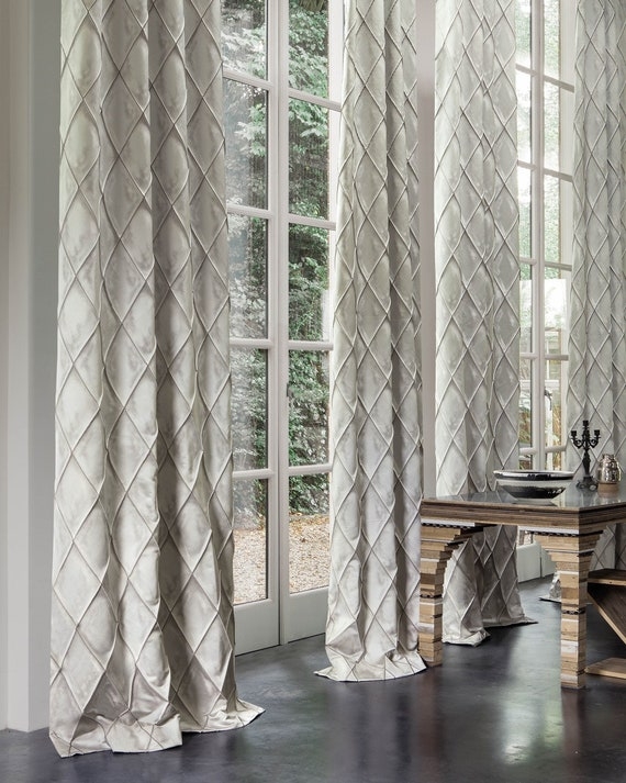 Curtain Panel, Navy Interlocking Geometric Motif, Jacquard Weave, Modern Drapery