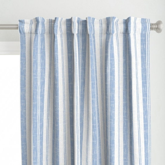 Curtain Panel Ruffled Header French Blue Ticking Cottagecore