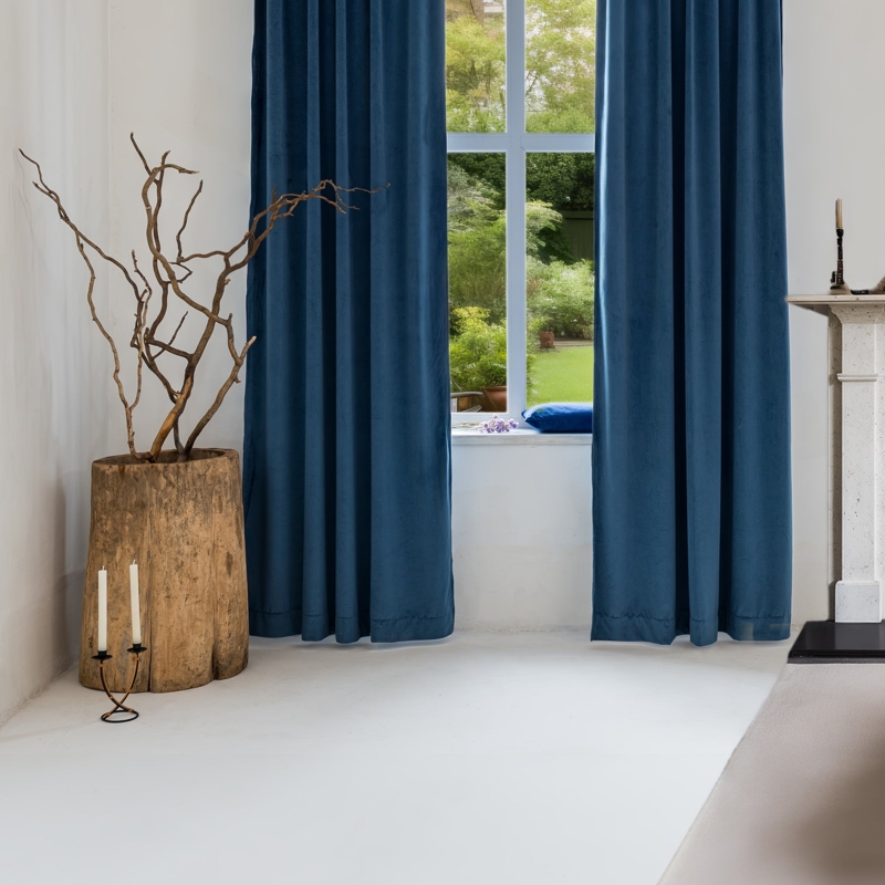 Curtain Panel Steel Blue Velvet Back Tab Blackout Heavyweight Drape