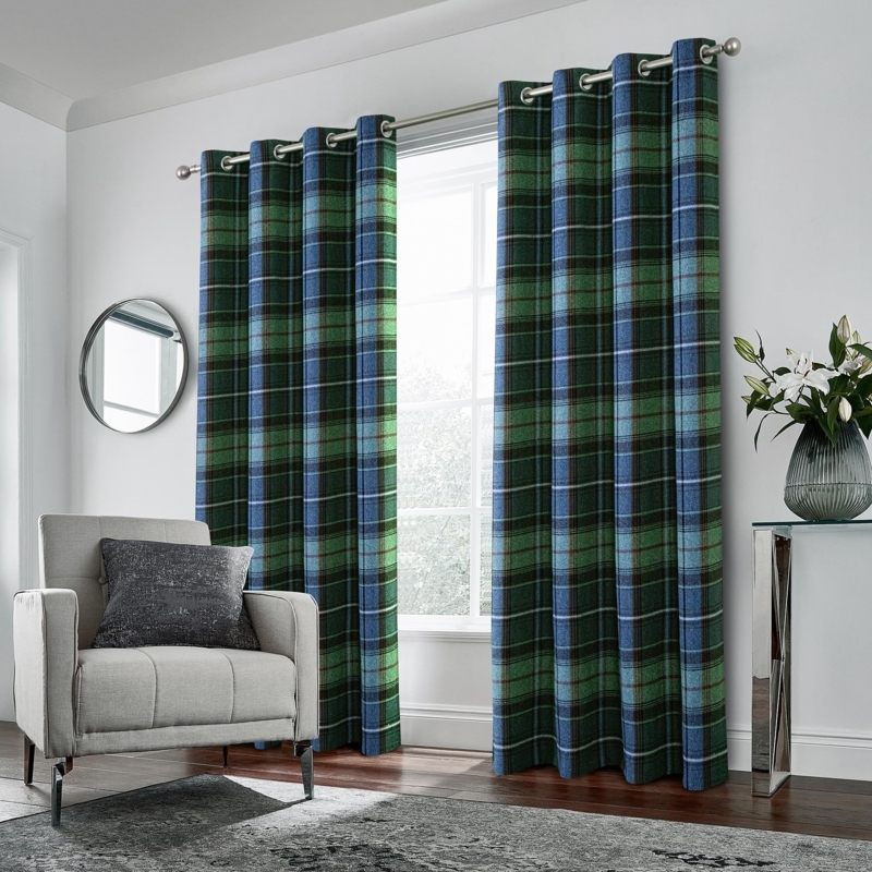 Curtain Panels Blue Green Tartan Grommet Top Heavy Woven