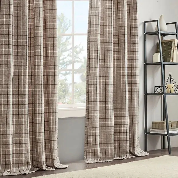 Curtain Panels Brown Plaid Fleece Lined Farmhouse Thermal