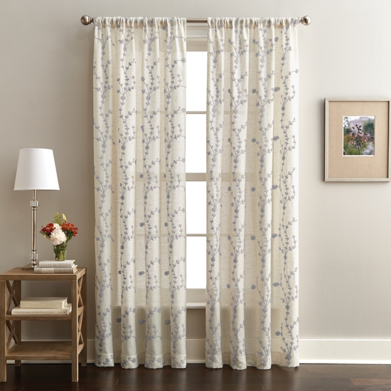 Curtain Panels Cream Gray Floral Branch Pattern Drapery Linen-like