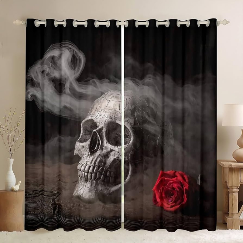 Curtain Panels: Gothic Sugar Skull & Rose Print, Gray Black Grommet
