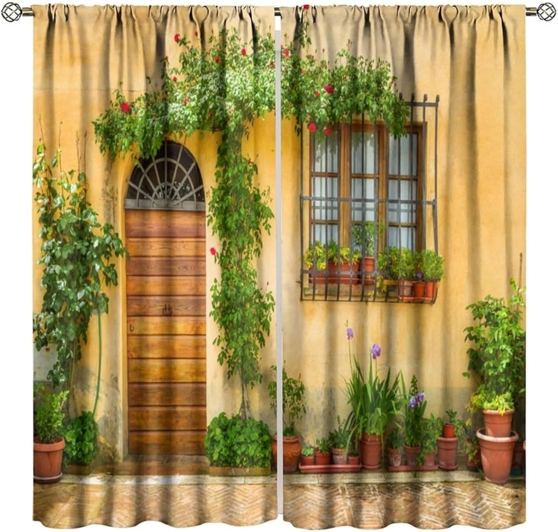 Curtain Panels Italian Street Scene Trompe L'oeil Effect Mediterranean