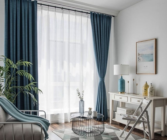 Curtain Panels Lake Blue Linen Blend Texture Rod Pocket Slubby Woven