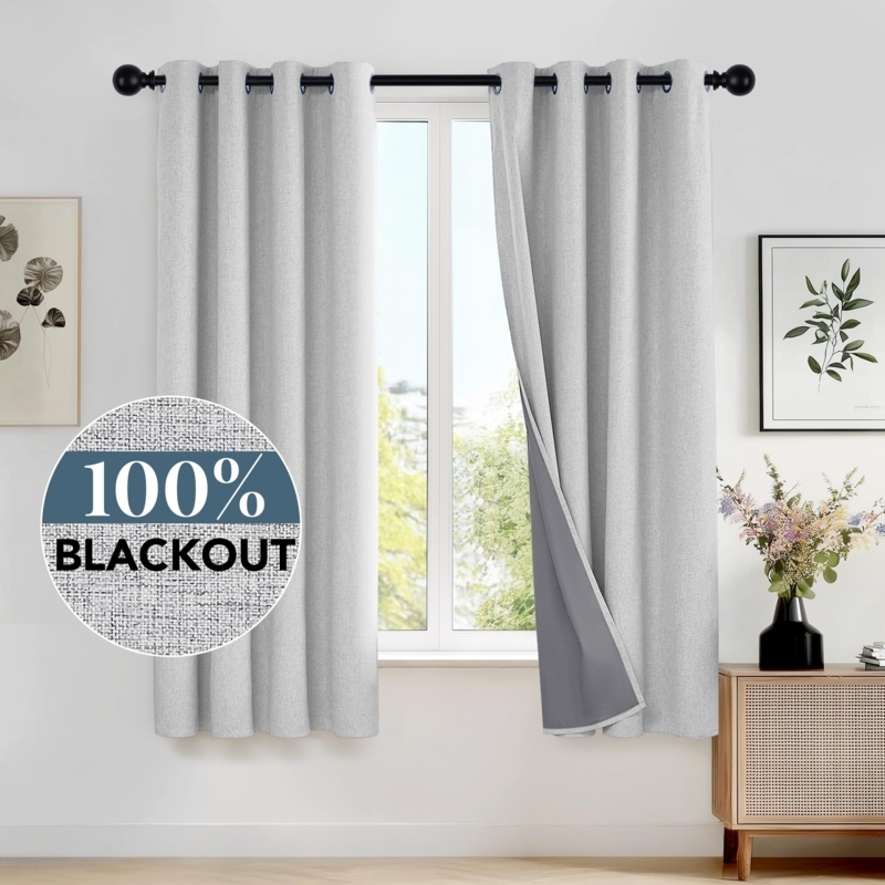Curtain Panels Light Grey Linen Look Texture Blackout