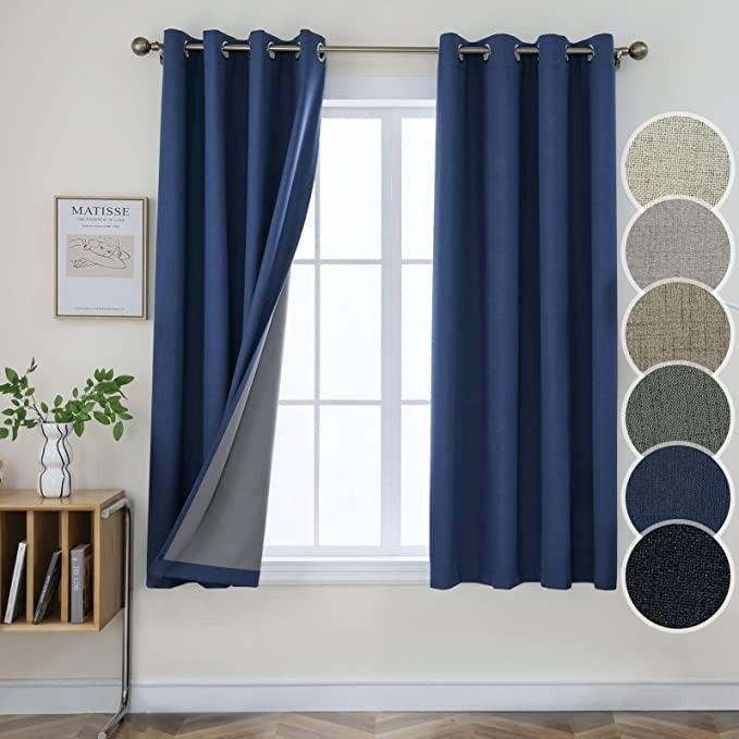 Curtain Panels Navy Blue Slubbed Fabric Textured Linen Grommet