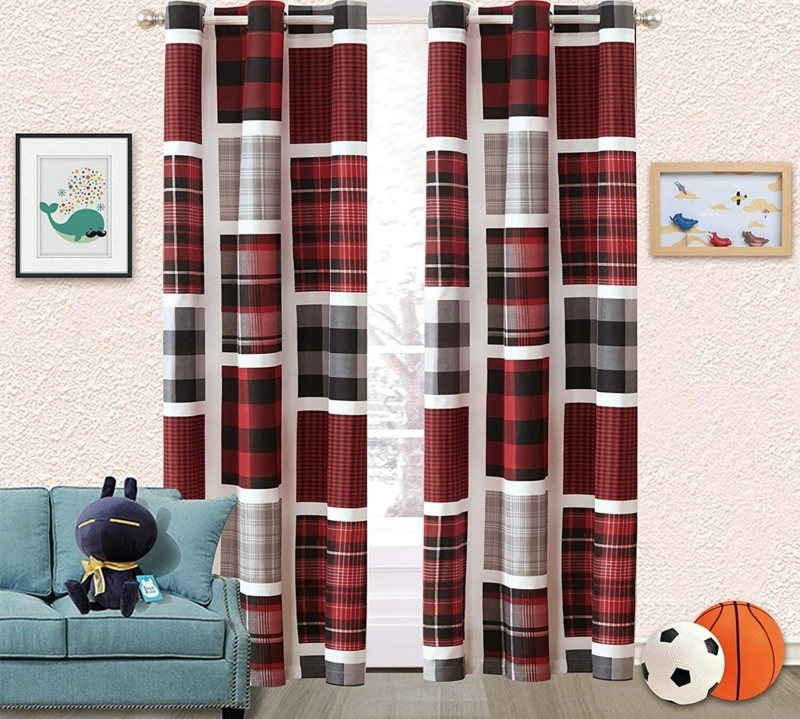 Curtain Panels Patchwork Plaid Red Black Grey Grommet Top Lodge
