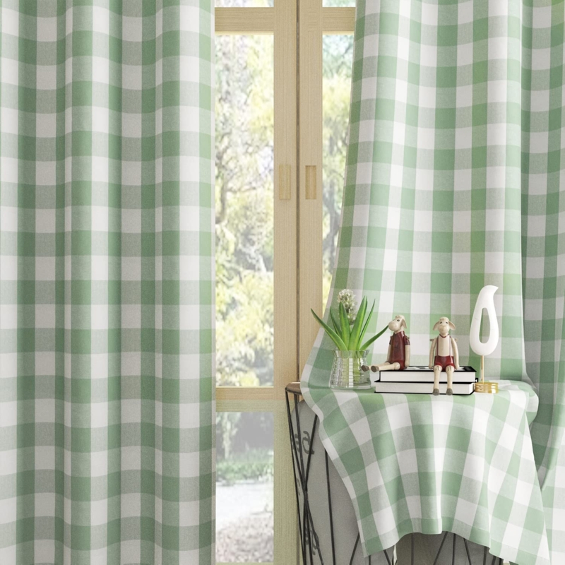 Curtain Panels Rod Pocket Buffalo Check Sage Green Cotton Blend
