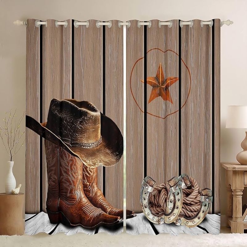 Curtain Panels: Western Themed Rustic Graphic Print, Brown Rod Pocket