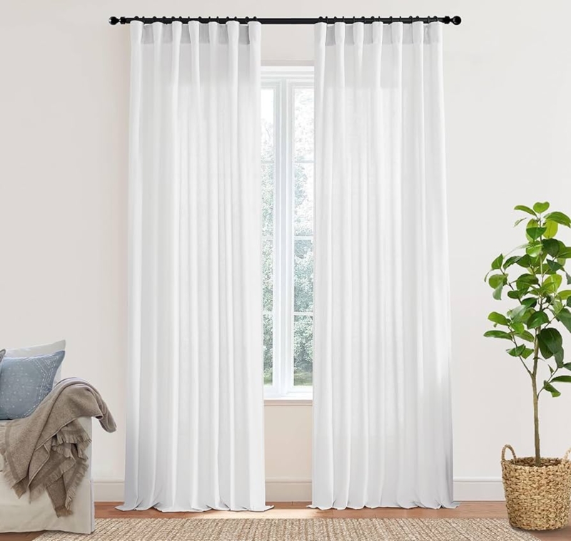 Curtain Panels White Linen Slub Texture Back Tab Pleats Airy Drapes