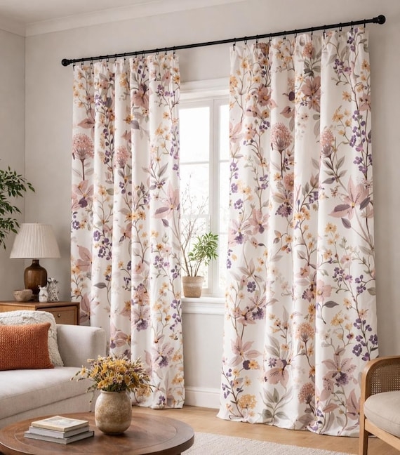 Curtain Panels Wildflower Print Cream Rod Pocket Cottagecore Window Treatments