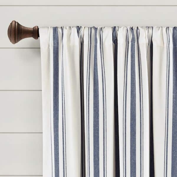 Curtain Panels Yarn Dyed Ticking Stripe Navy Farmhouse
