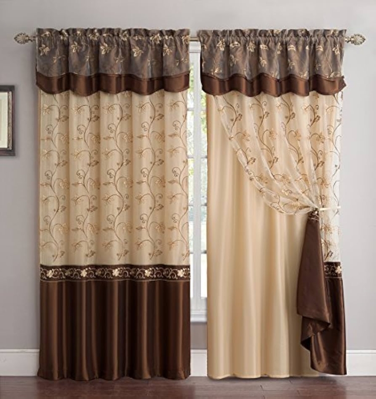 Curtain Set Chocolate Brown Tassel Valance Floral Embroidery