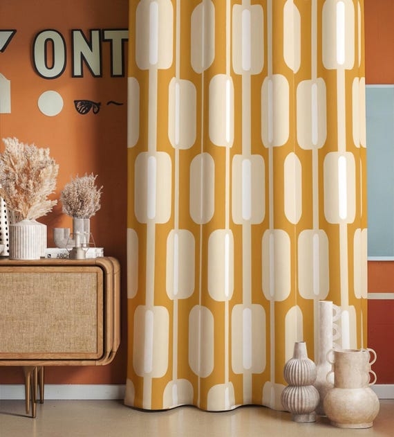Curtains, 70s Inspired Pattern, Mustard Yellow Palette, Linen Like Texture