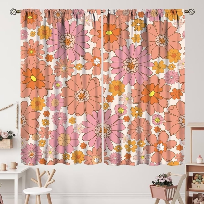 Curtains 70s Style Floral Retro Rod Pocket Pink And Orange Window Drapes