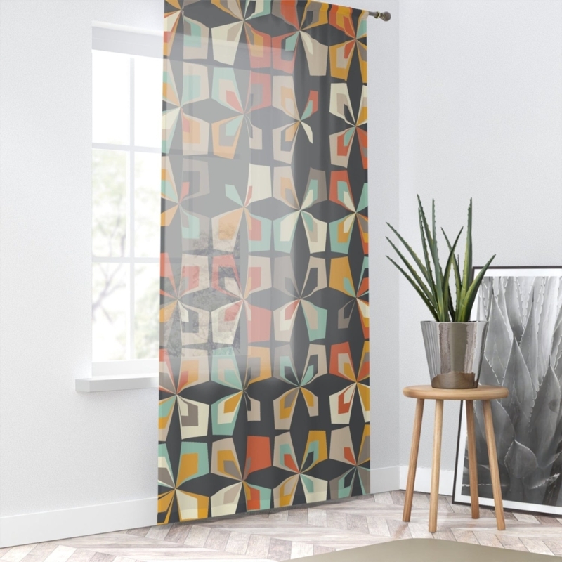 Curtains, Abstract Floral Geometric Print, Sheer Transparency, Vintage Style