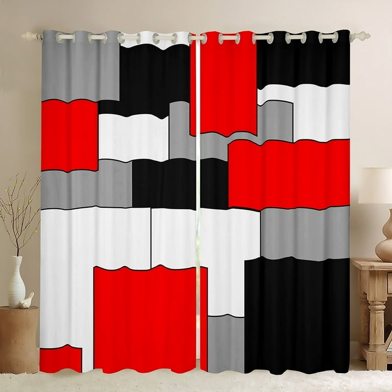 Curtains, Abstract Geometry, Red Accents, Color Block, Rod Pocket Window Decor