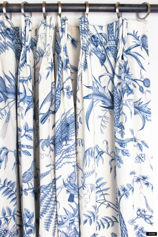 Curtains And Drapes Blue Toile Bird and Thistle Pattern Pinch Pleat