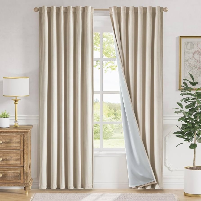 Curtains Beige Woven Blackout Lining Back Tab Modern Organic Drapes