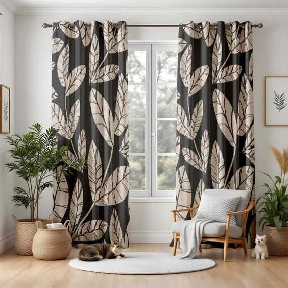 Curtains Black Beige Contrast Large Scale Leaf Print Modern Grommet
