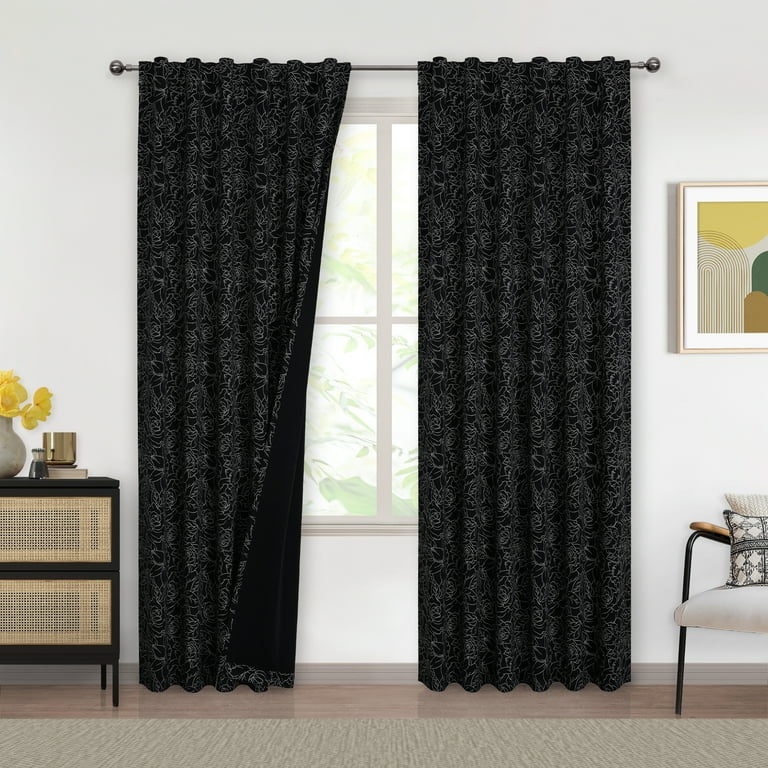 Curtains Black Floral Blackout Rod Pocket with Botanical Floral Print