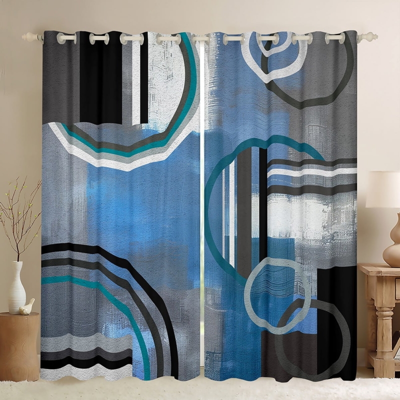 Curtains, Blue Ombre Watercolor Geometry, Blackout, Oil Painting Style Decor