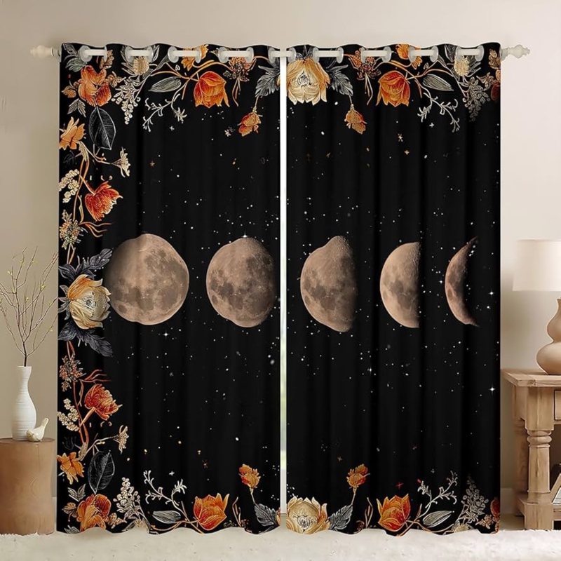 Curtains: Bohemian Black & Gold Moon Phase Print, Grommet Top Panels