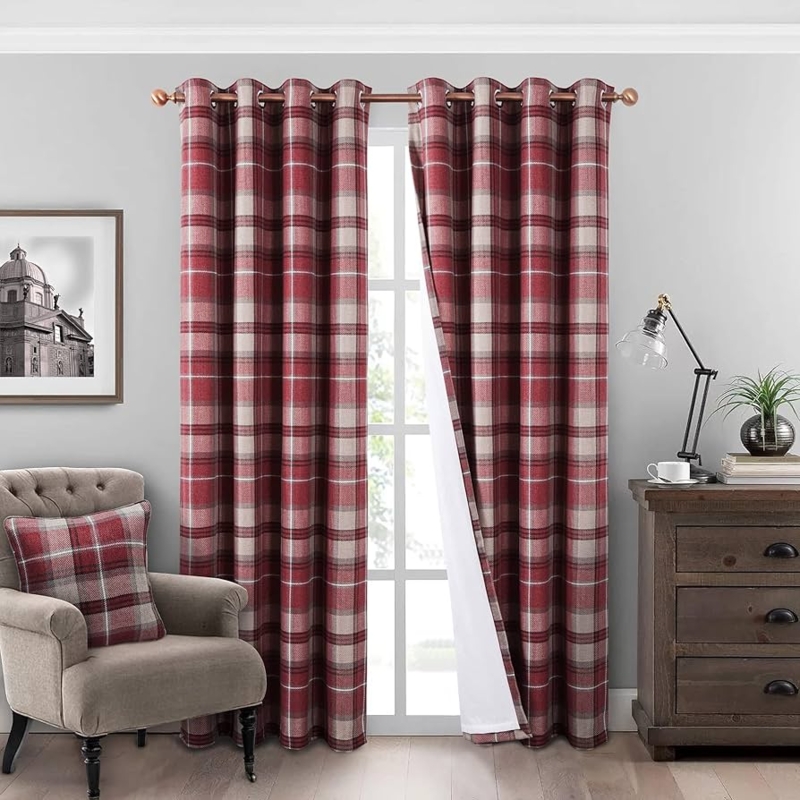 Curtains Burgundy Red Plaid Woolen Look Blackout Thermal Grommet