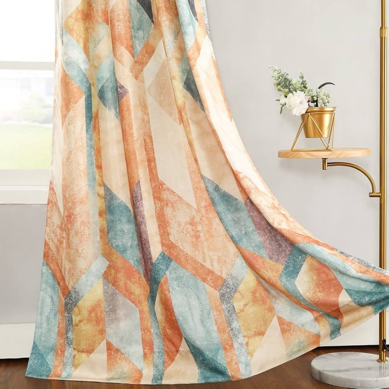 Curtains, Burnt Orange Geometric Pattern, Linen Textured, Grommet Top Panels