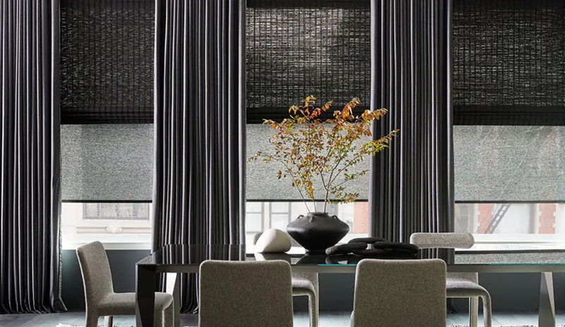Curtains Charcoal Ripple Fold with Woven Wood Roman Shade
