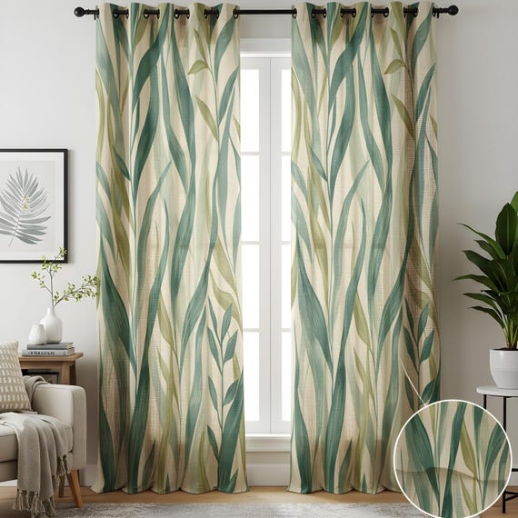 Curtains Cream Botanical Print Linen Like Light Filtering Rod Pocket