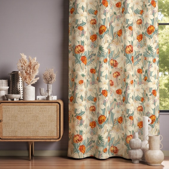 Curtains Cream Fabric Terracotta Sage Green Vintage Farmhouse Window Decor