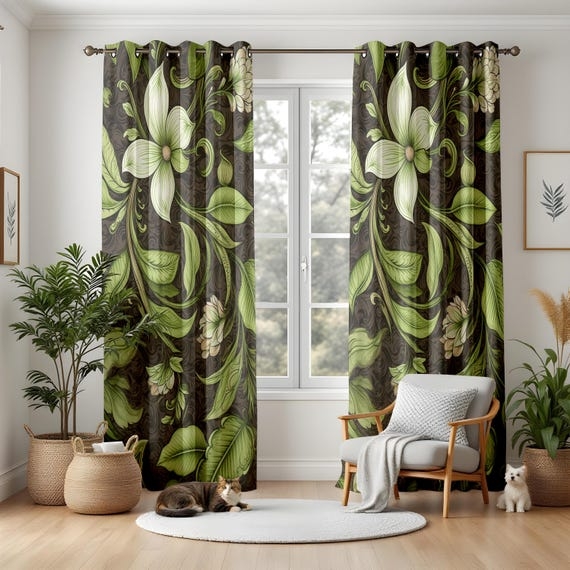 Curtains Dark Botanical Print Moody Maximalist Oversized Floral Blackout